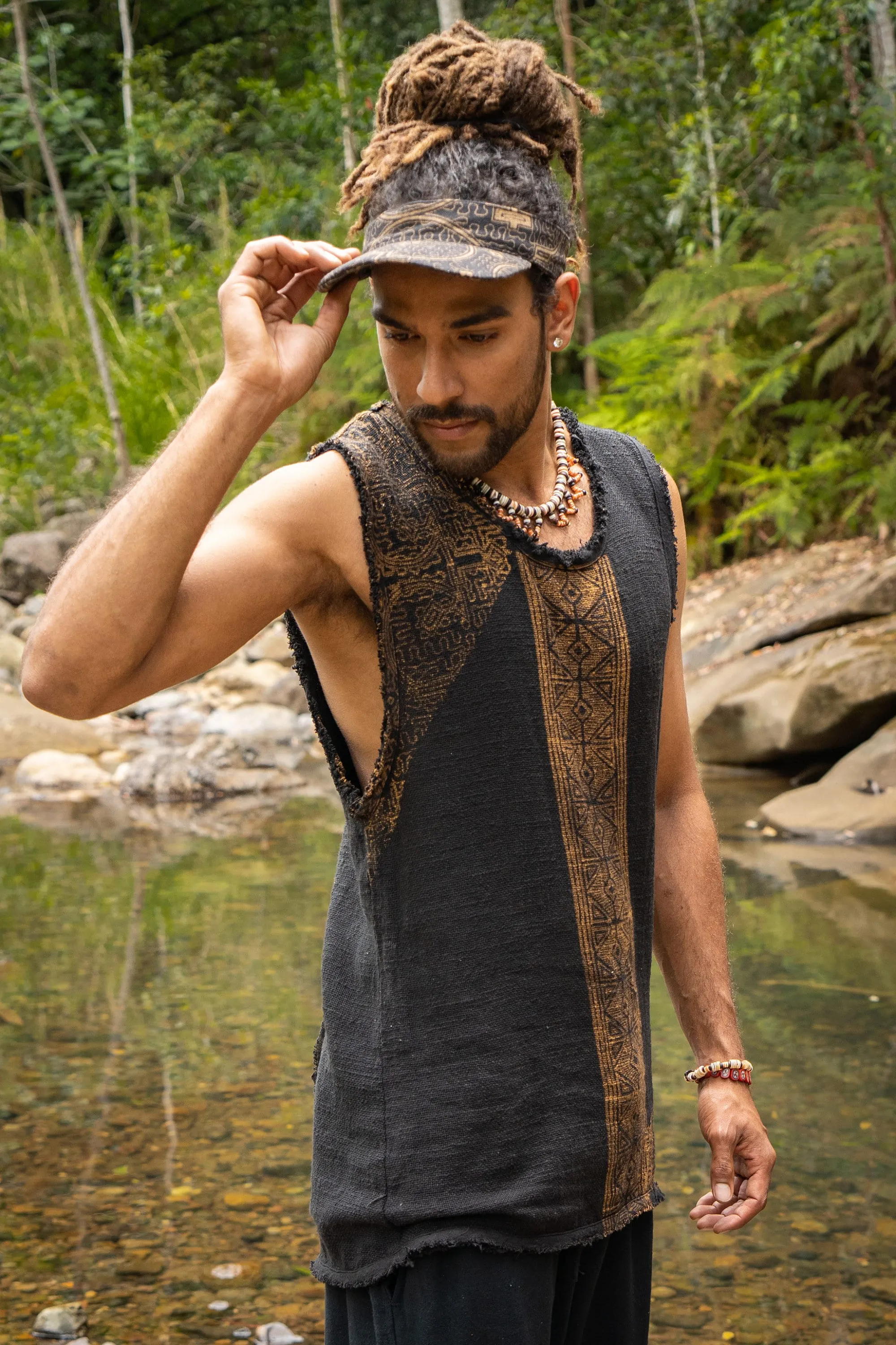 AKAU Brown Tank Top Sleeveless Shirt Shipibo Block Printed Handmade Natural Muscle Cotton Shamanic Tribal Festival Ceremony Ritual AJJAYA