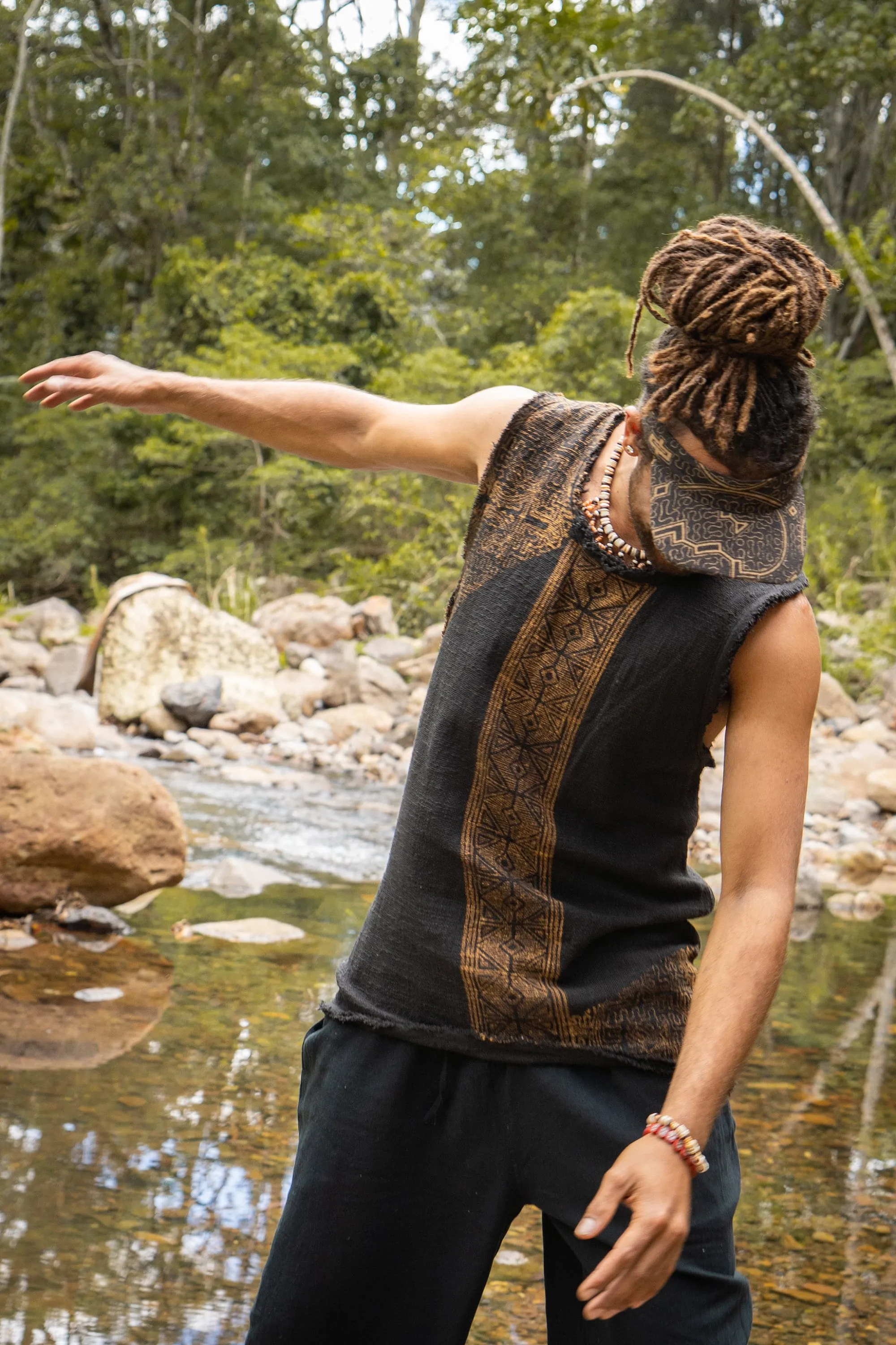 AKAU Brown Tank Top Sleeveless Shirt Shipibo Block Printed Handmade Natural Muscle Cotton Shamanic Tribal Festival Ceremony Ritual AJJAYA