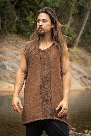 AKAU Brown Tank Top Sleeveless Shirt Shipibo Block Printed Handmade Natural Muscle Cotton Shamanic Tribal Festival Ceremony Ritual AJJAYA