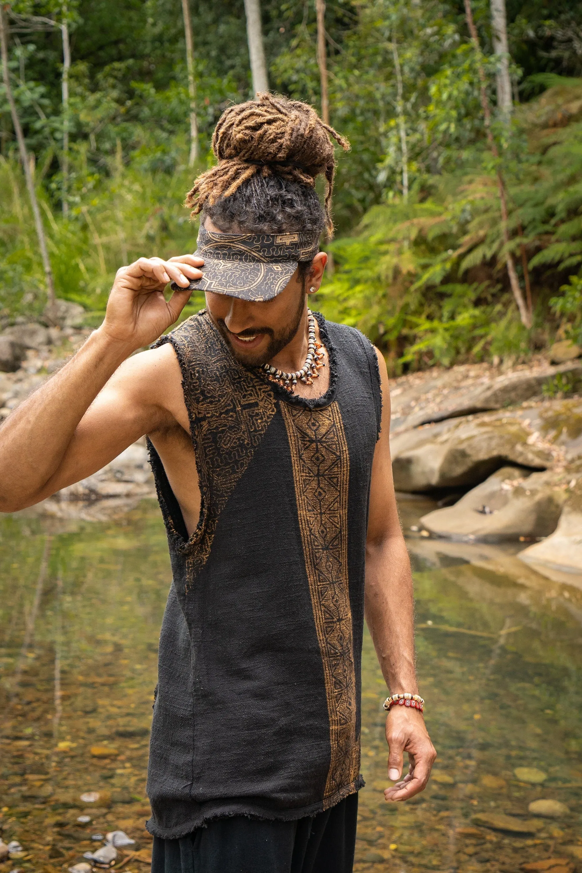 AKAU Brown Tank Top Sleeveless Shirt Shipibo Block Printed Handmade Natural Muscle Cotton Shamanic Tribal Festival Ceremony Ritual AJJAYA