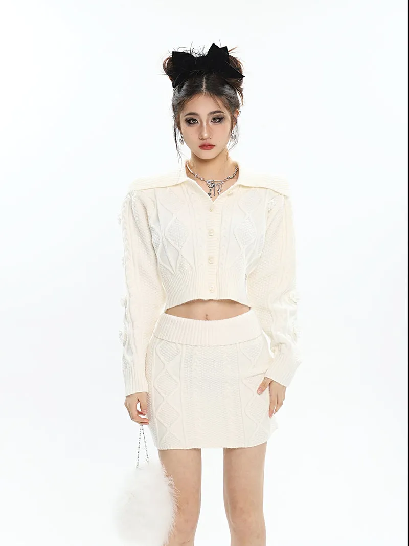 Aleah Solid Color Apricot Knitted Button Up Long Sleeve Cropped Top Slim Mini Skirt