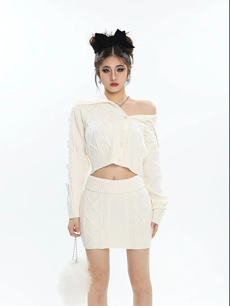 Aleah Solid Color Apricot Knitted Button Up Long Sleeve Cropped Top Slim Mini Skirt