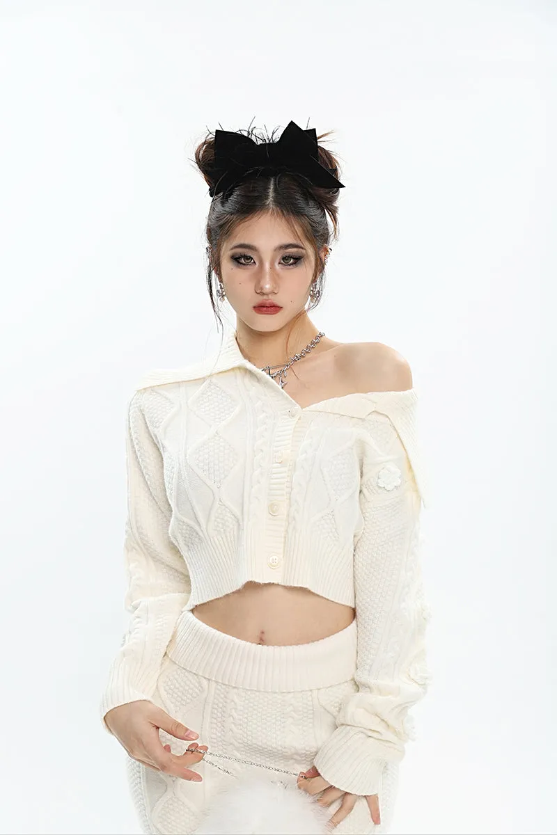 Aleah Solid Color Apricot Knitted Button Up Long Sleeve Cropped Top Slim Mini Skirt