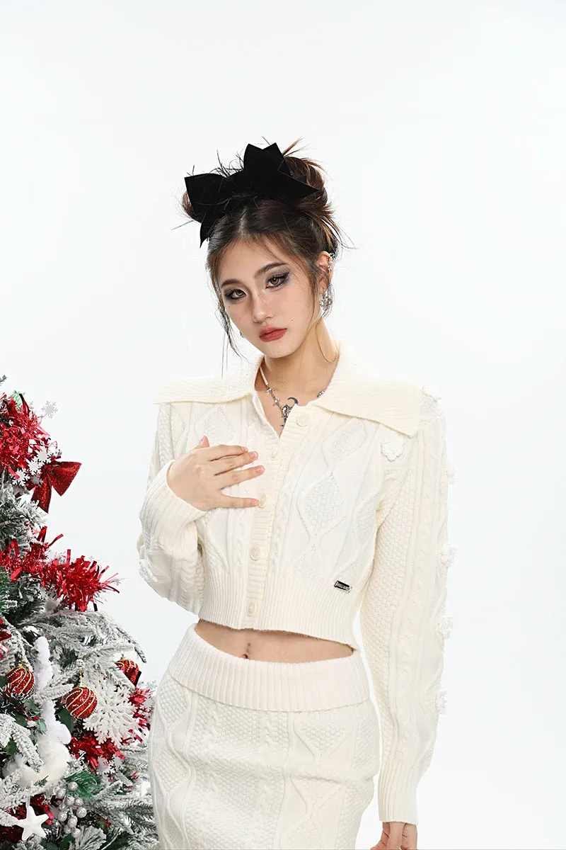 Aleah Solid Color Apricot Knitted Button Up Long Sleeve Cropped Top Slim Mini Skirt