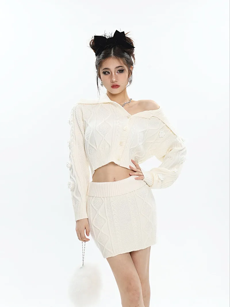 Aleah Solid Color Apricot Knitted Button Up Long Sleeve Cropped Top Slim Mini Skirt