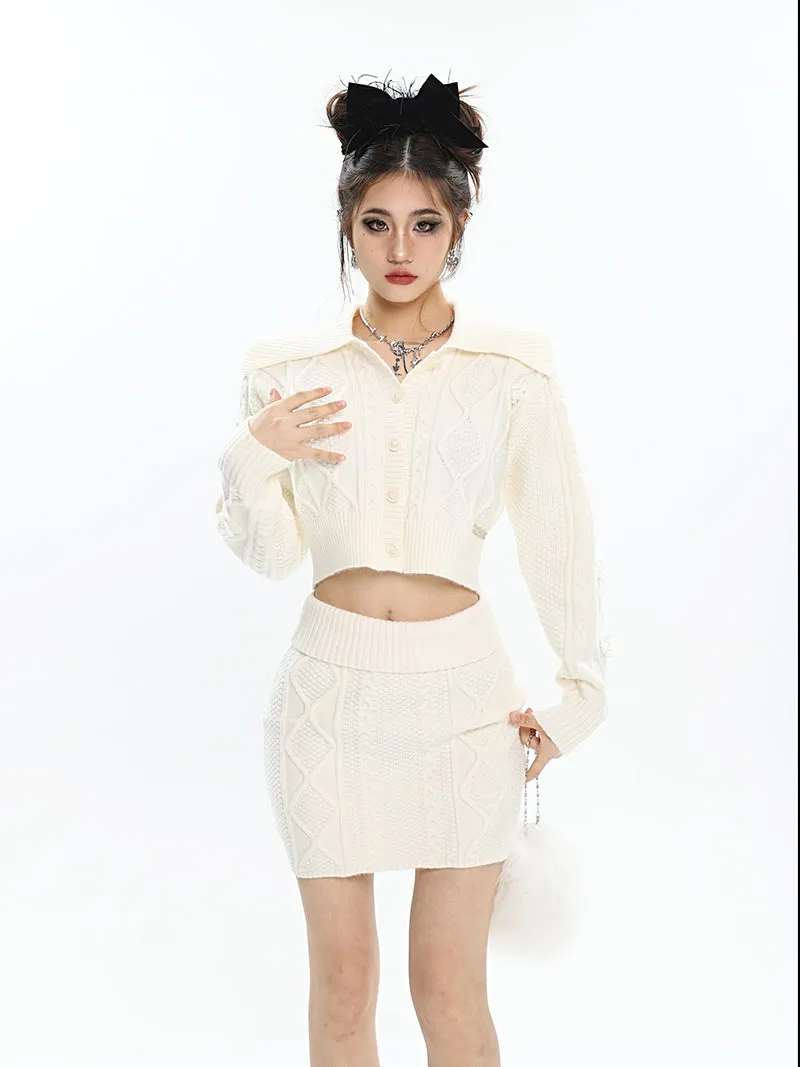 Aleah Solid Color Apricot Knitted Button Up Long Sleeve Cropped Top Slim Mini Skirt