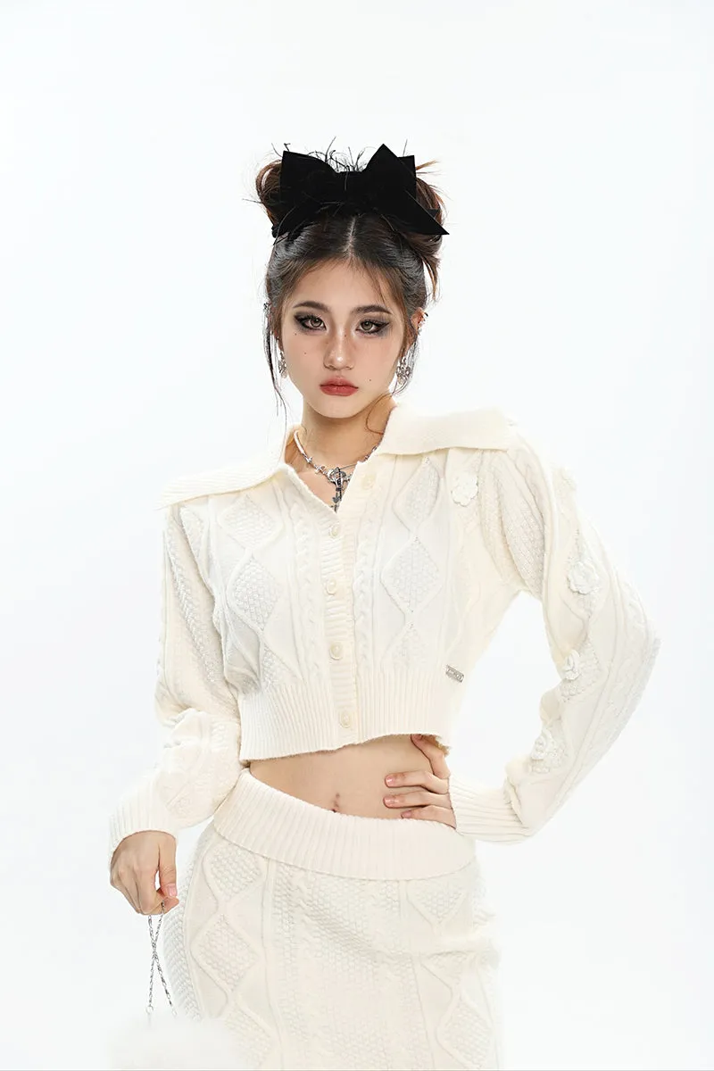 Aleah Solid Color Apricot Knitted Button Up Long Sleeve Cropped Top Slim Mini Skirt