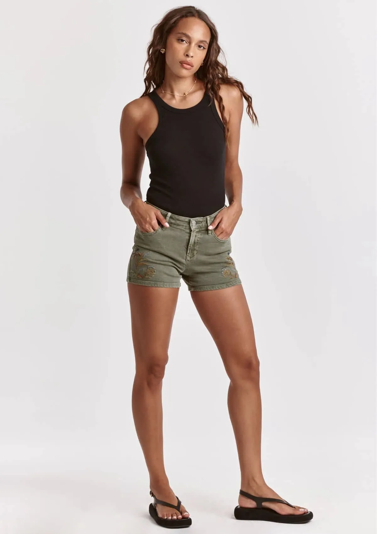 Ava Mid-Rise Embroidery Shorts - Army Moss