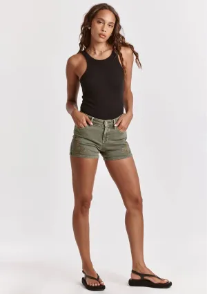 Ava Mid-Rise Embroidery Shorts - Army Moss