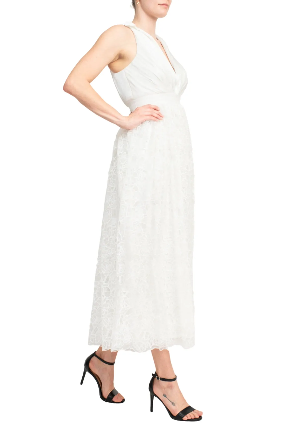 Badgley Mischka Crepon-paneled Guipure Lace Midi Shirt Dress - Wholesale