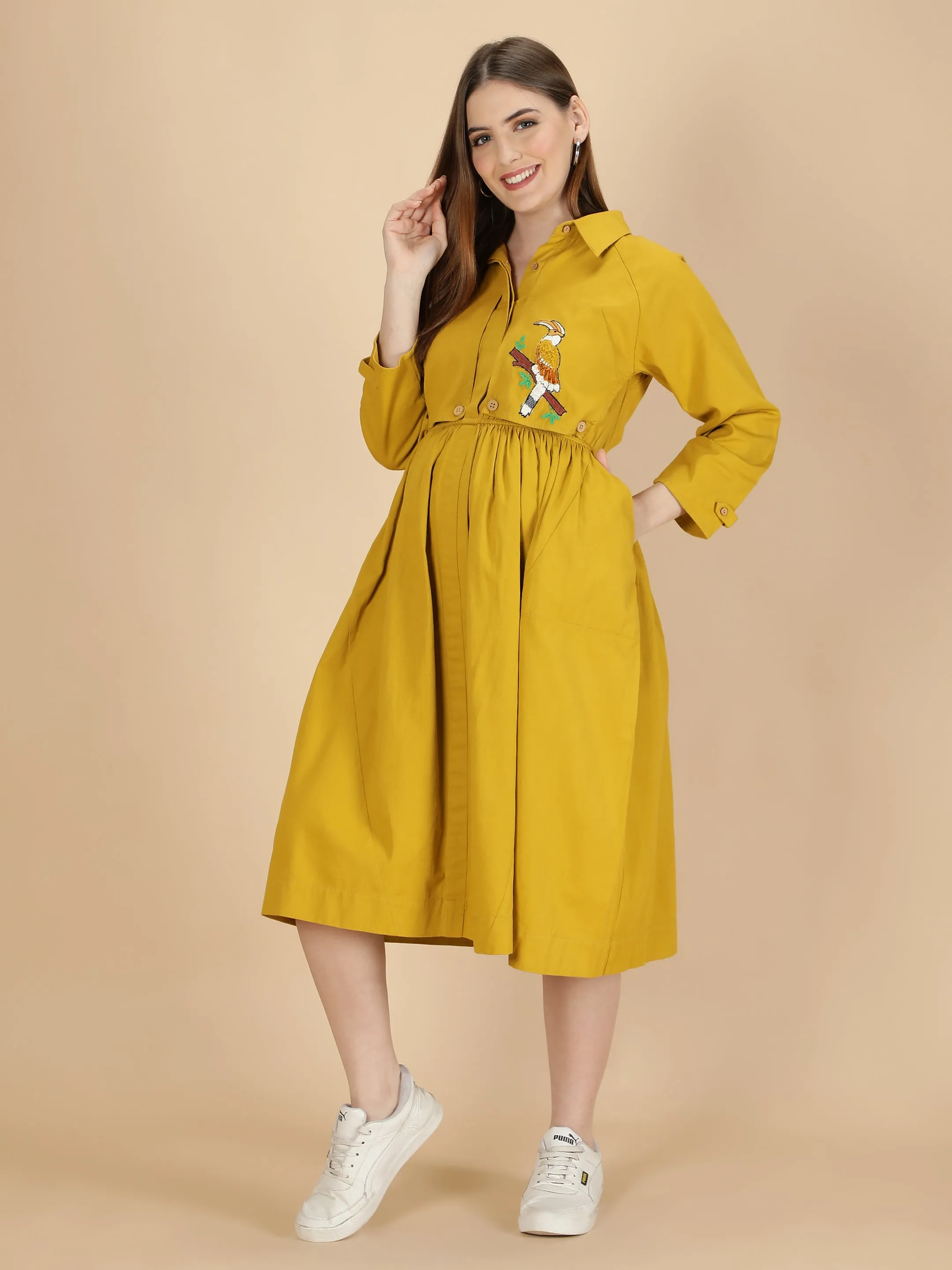 Beaky Hornbill Trench Dress- Fall yellow