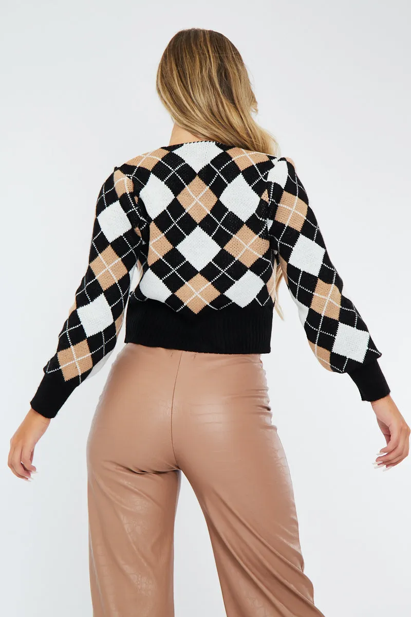 Beige Argyle Print Knit Cardigan - Dazie