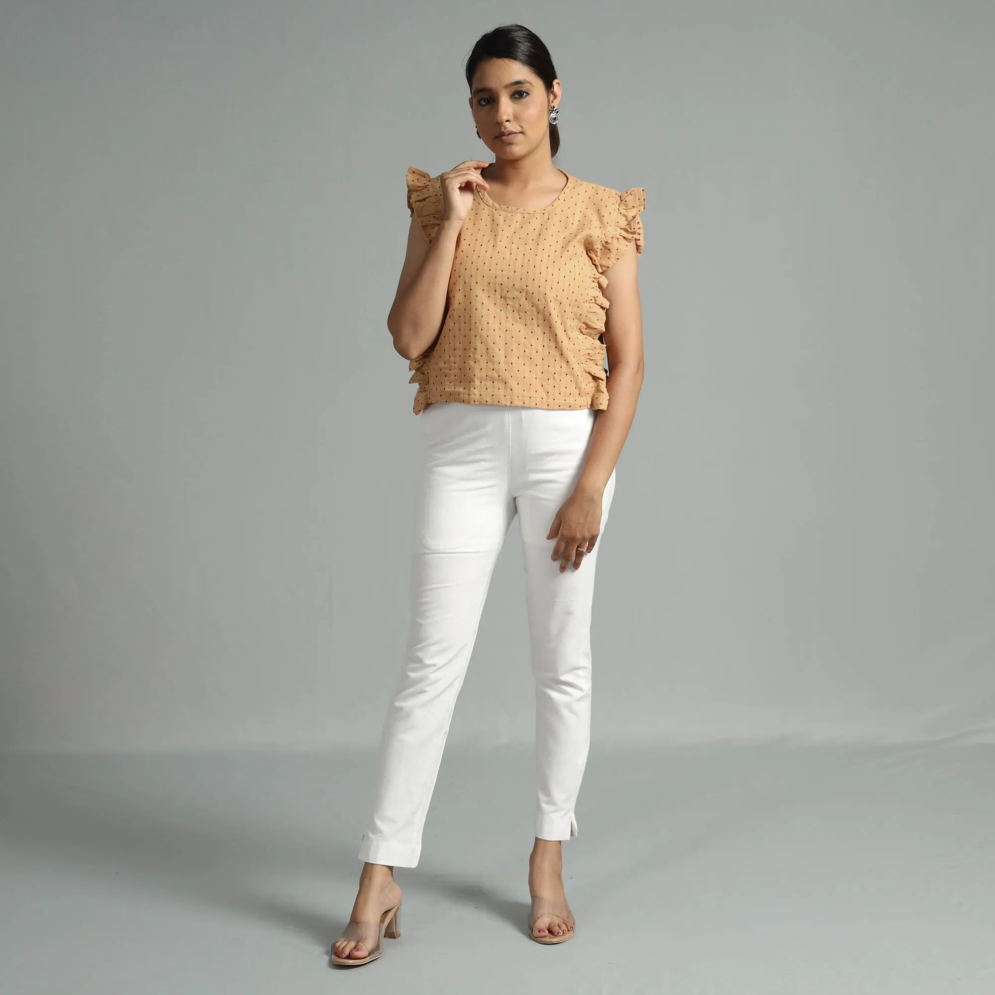 Beige - Jacquard Sleeveless Cotton Crop Top