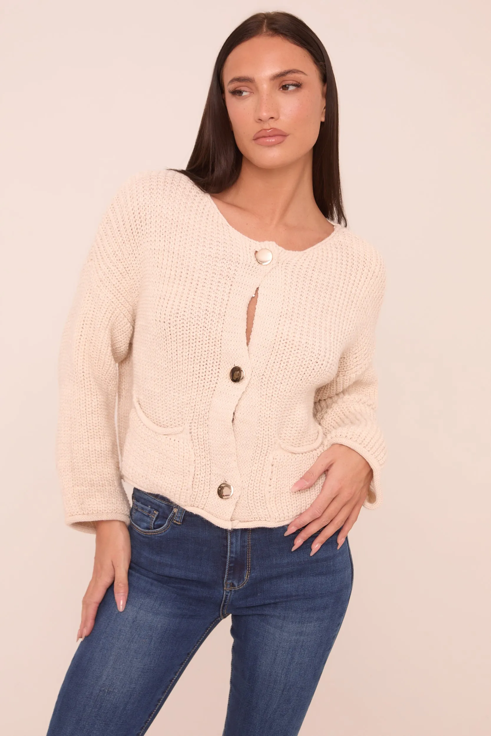 Beige Knit Round Neck Long Sleeves Cardigan - Edna