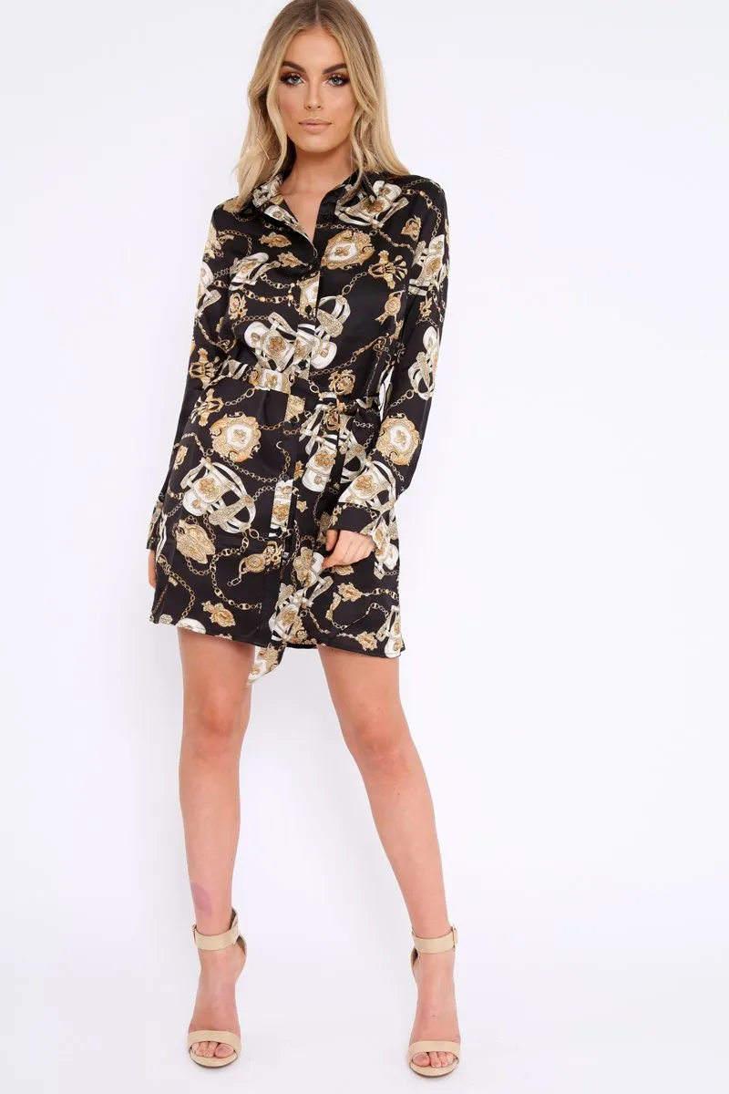 Black and Gold Chain Print Shirt Dress - Pollyann