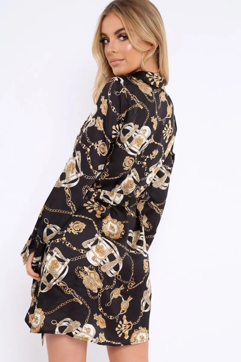 Black and Gold Chain Print Shirt Dress - Pollyann