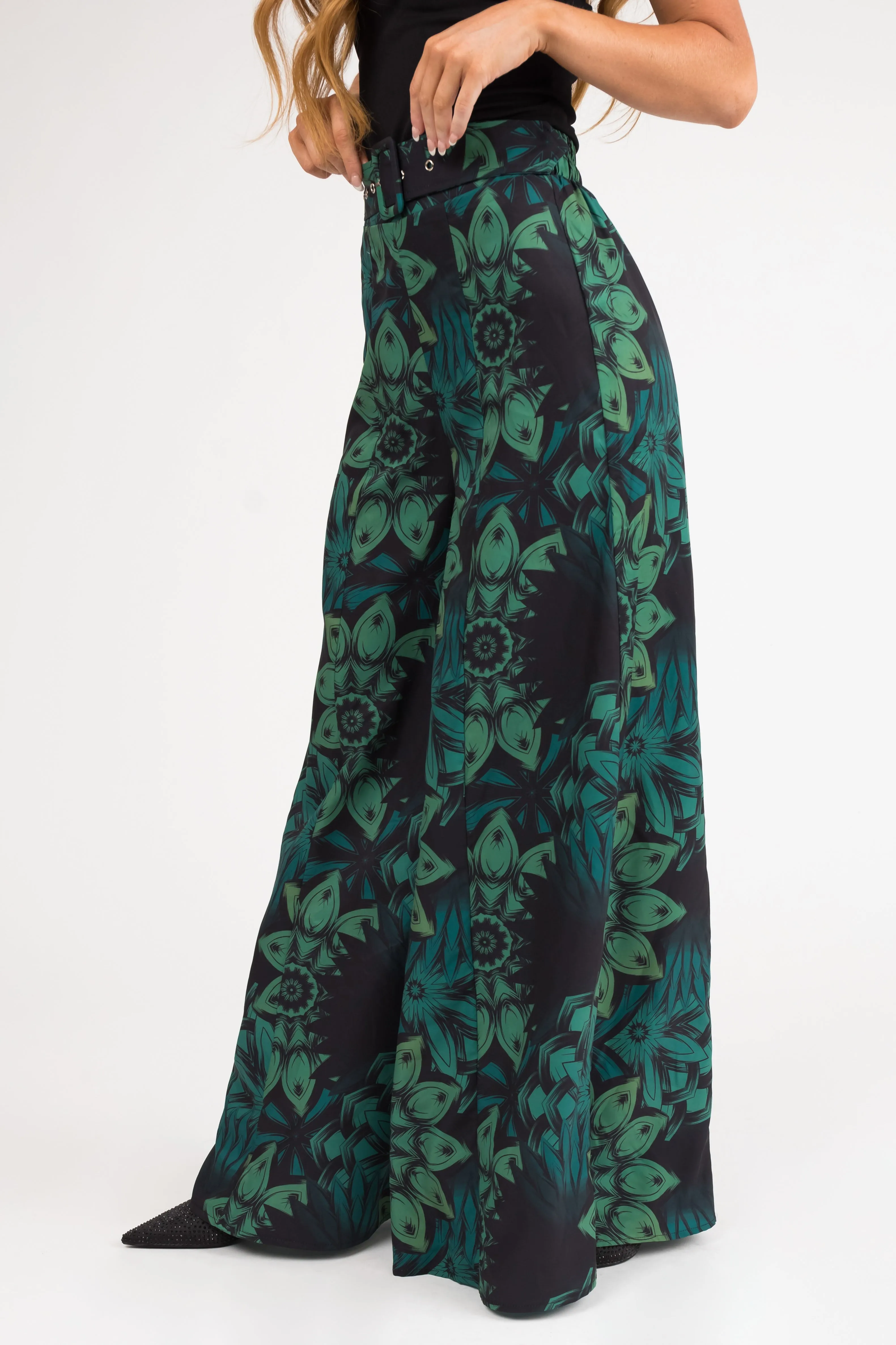 Black Floral Print High Waist Wide Leg Pants