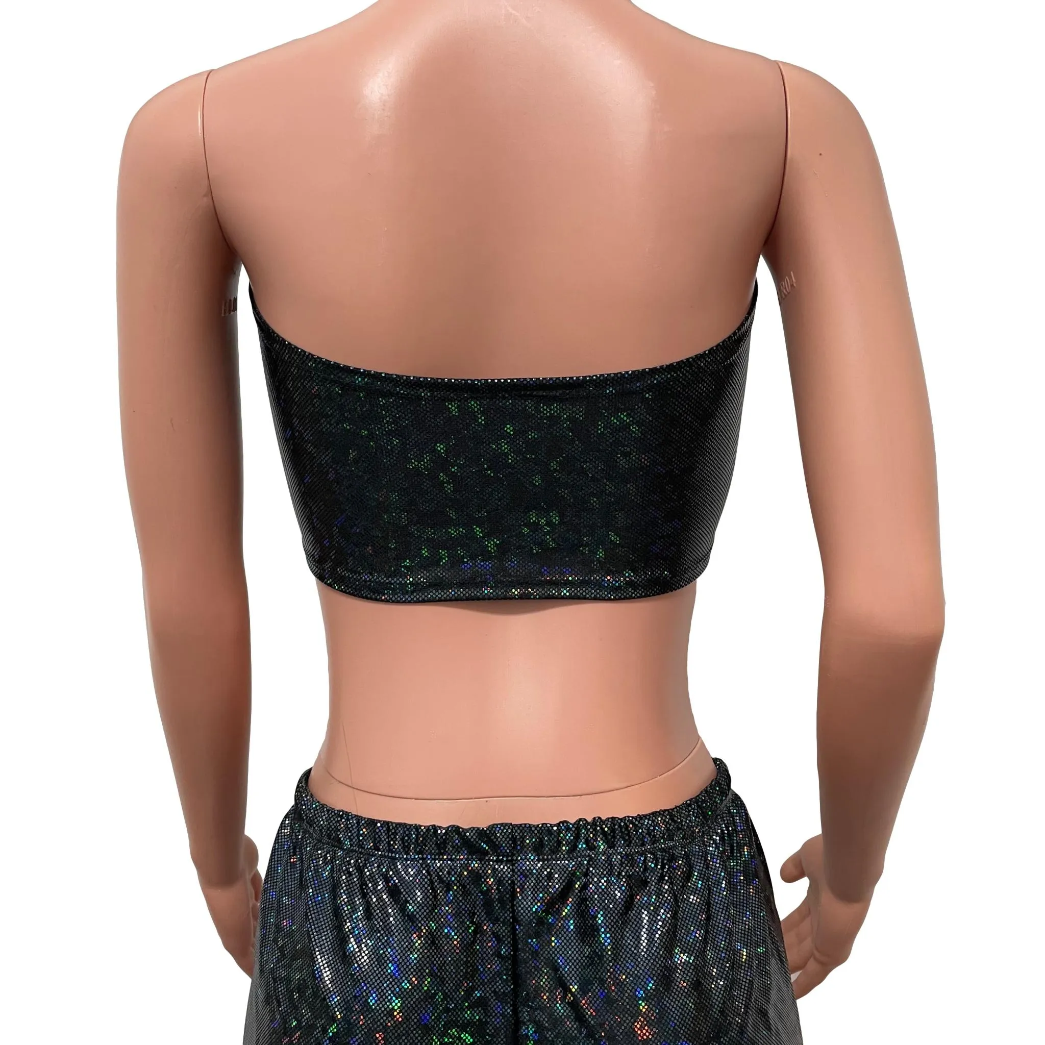 Black Holographic Shattered Glass Lace-up Tube Top Bandeau