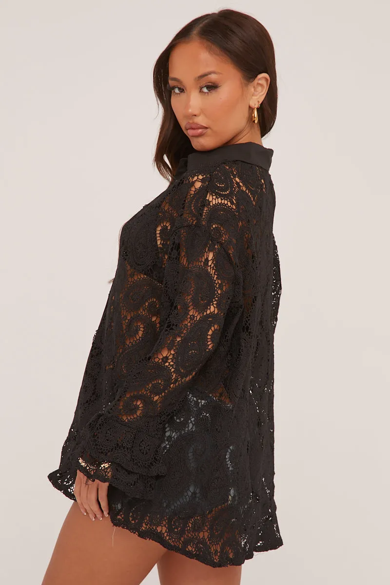 Black Lace Button Up Frill Sleeve Shirt - Lynn