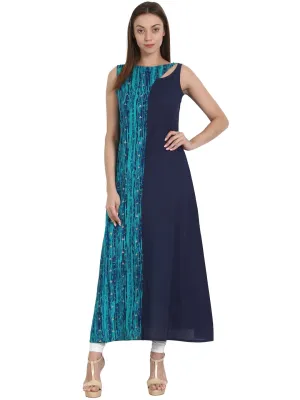 Blue printed sleevless long A-line  cotton kurta