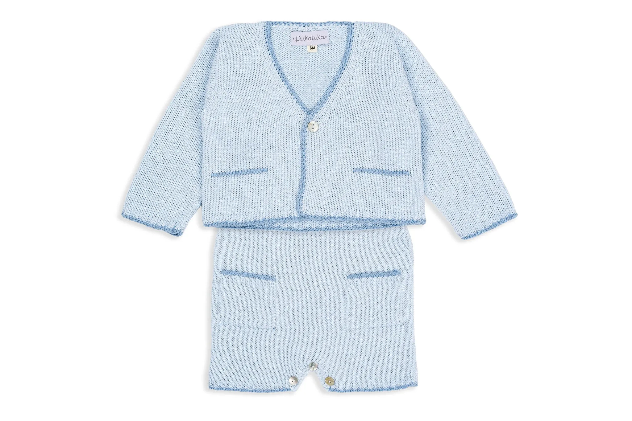 Blue Trim Knitted Shortalls with Pockets