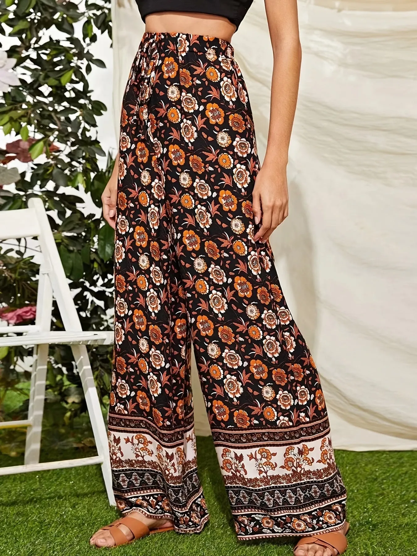 Bohemian Floral Print High Waist Drawstring Elastic Wide Leg Pants