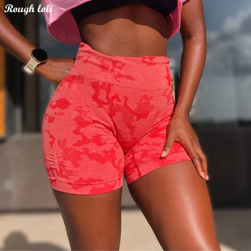 Camo Seamless Shorts High Waist Booty Gym Shorts Workout Short Fitness Ribbed Waist Running Shorts