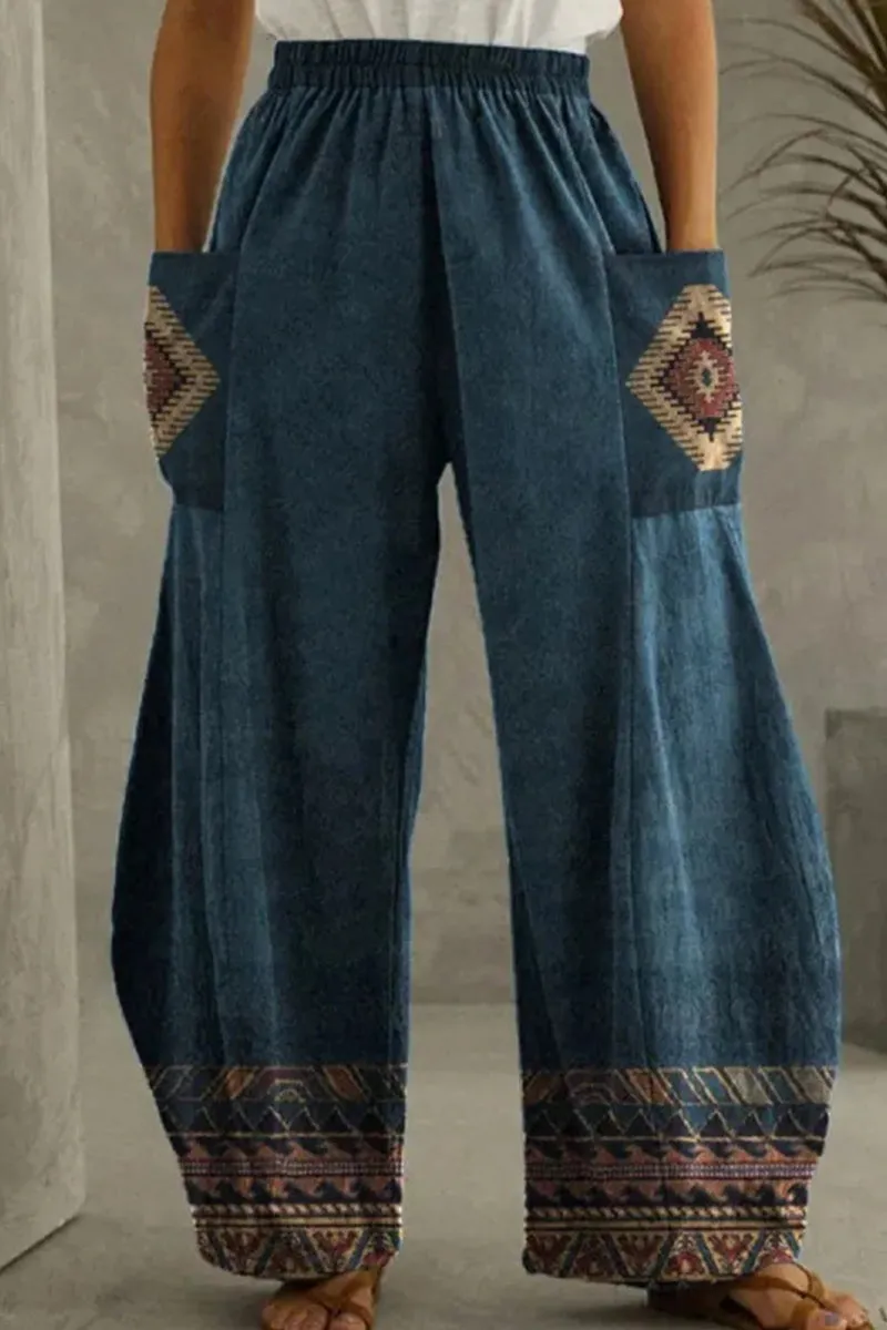 Casual Bohemian Print Pocket Loose High Waist Wide Leg Bottoms