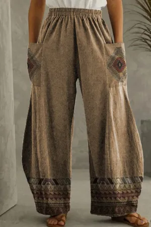 Casual Bohemian Print Pocket Loose High Waist Wide Leg Bottoms