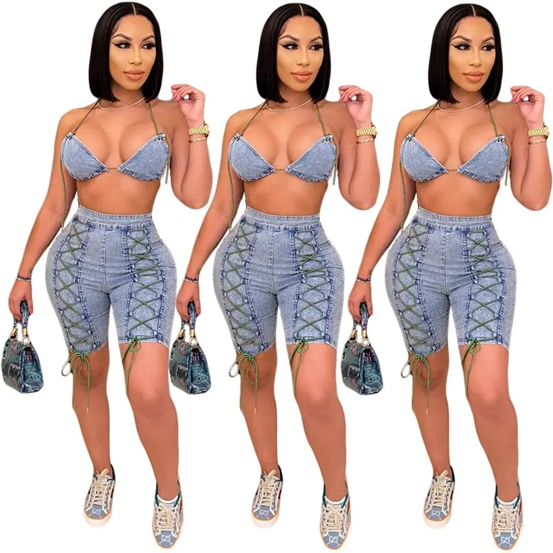 Corinne Denim Bra Top & Shorts Two Piece Set