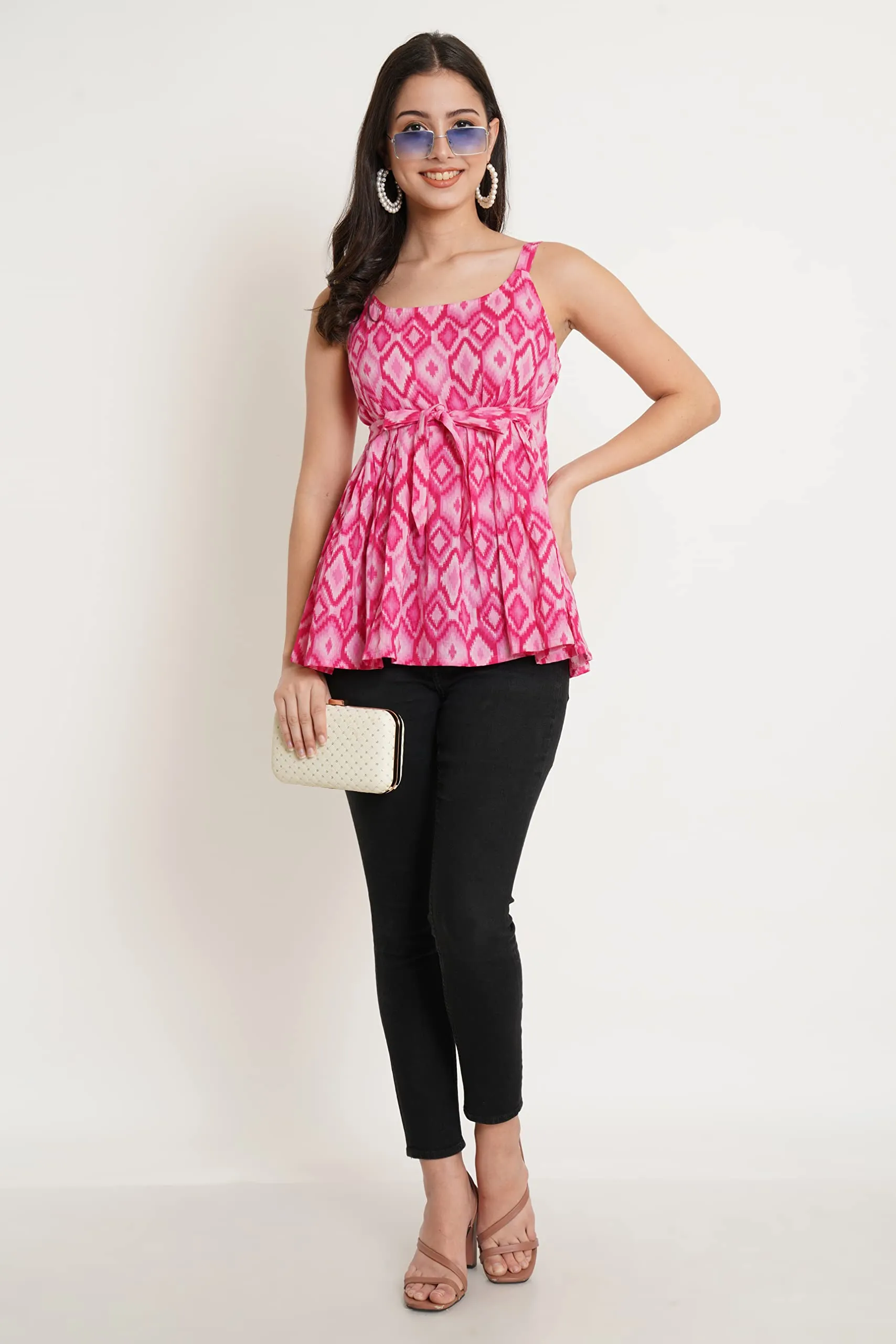 COTLAND Fashions Jaipuri Cotton Printed Strappy Sleeveless Top for Women (Fuchsia Pink)