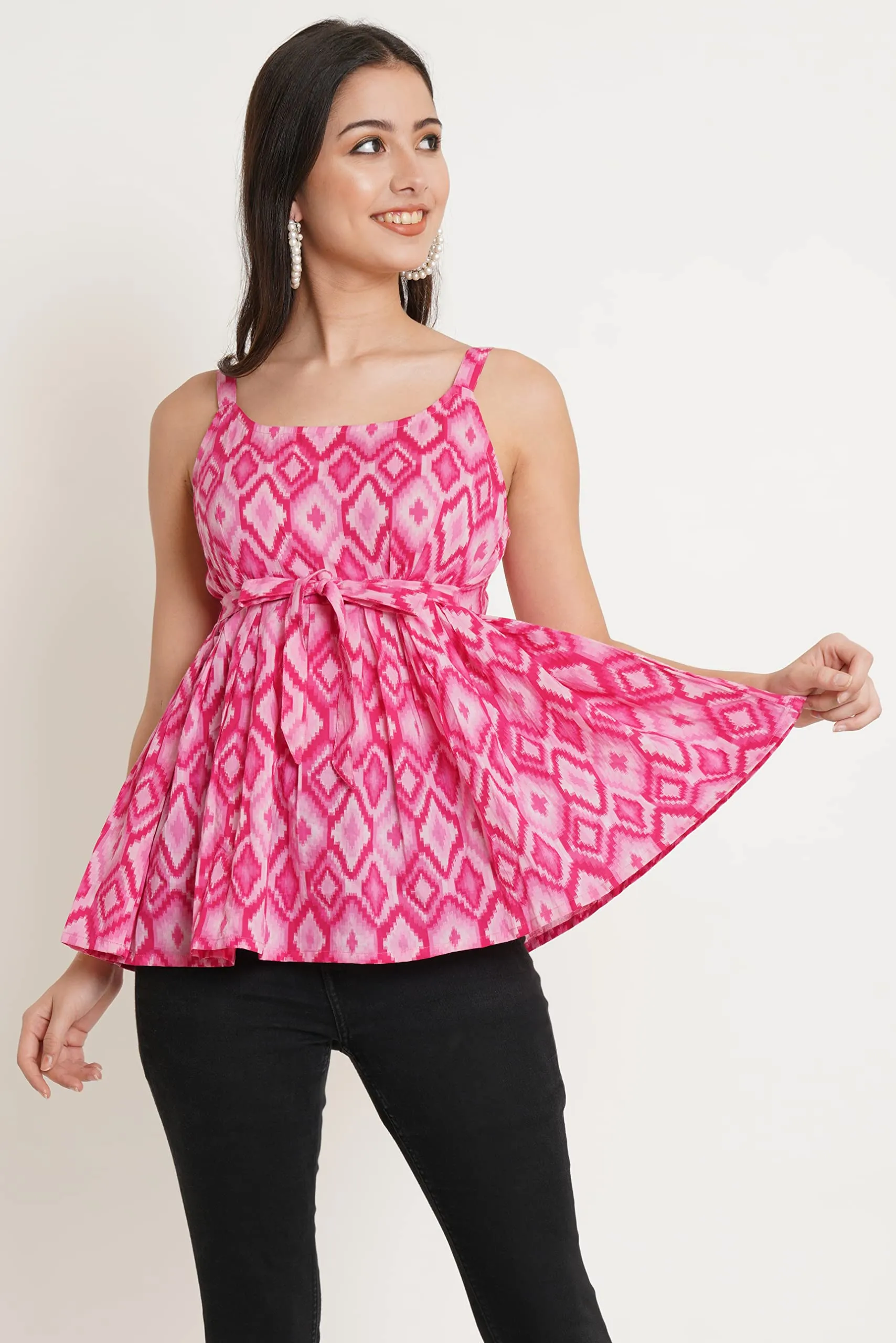 COTLAND Fashions Jaipuri Cotton Printed Strappy Sleeveless Top for Women (Fuchsia Pink)