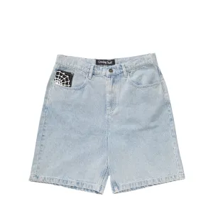 Crawling Death Web Denim Shorts Light Blue Wash