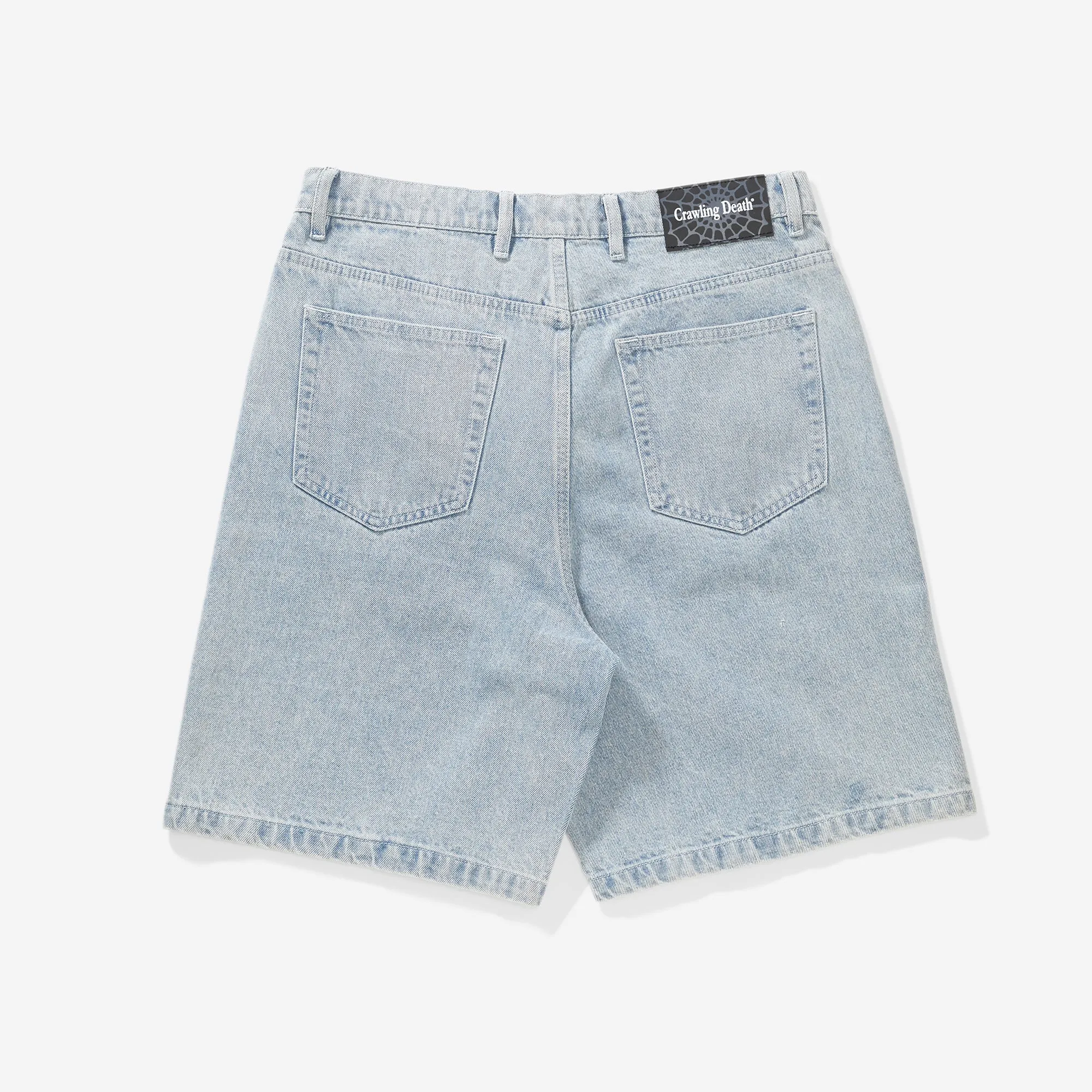 Crawling Death Web Denim Shorts Light Blue Wash