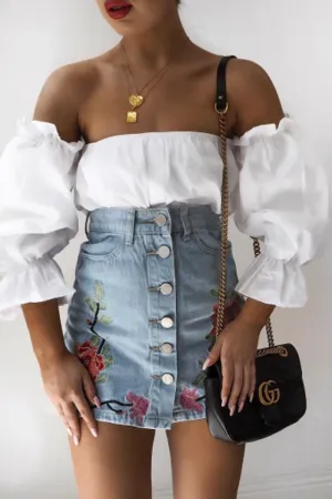 Denim Embroidered Button Front Skirt - River