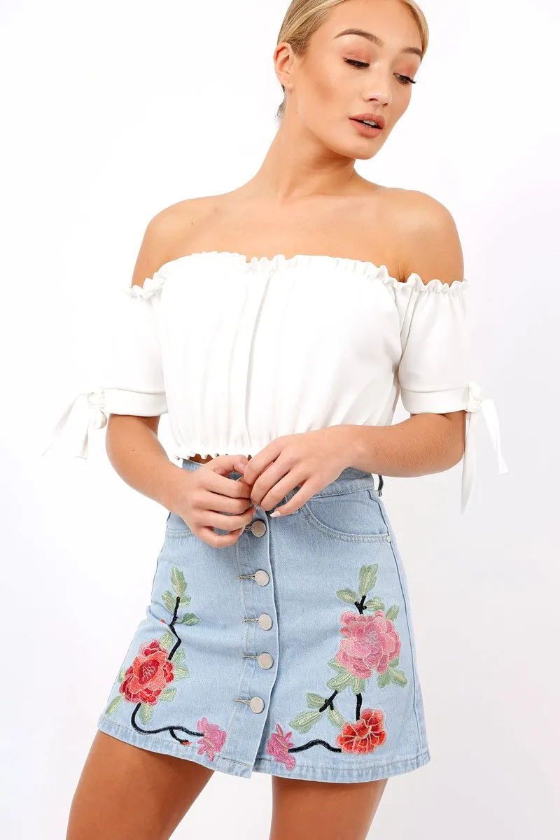 Denim Embroidered Button Front Skirt - River