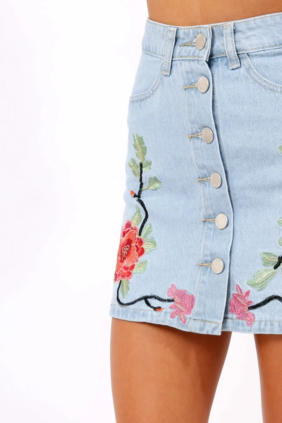 Denim Embroidered Button Front Skirt - River