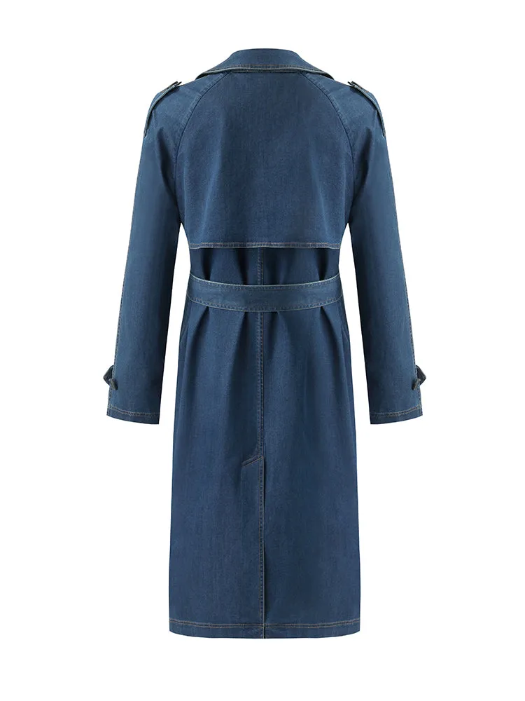 Denim Lapel Women Trench Coat With Belt