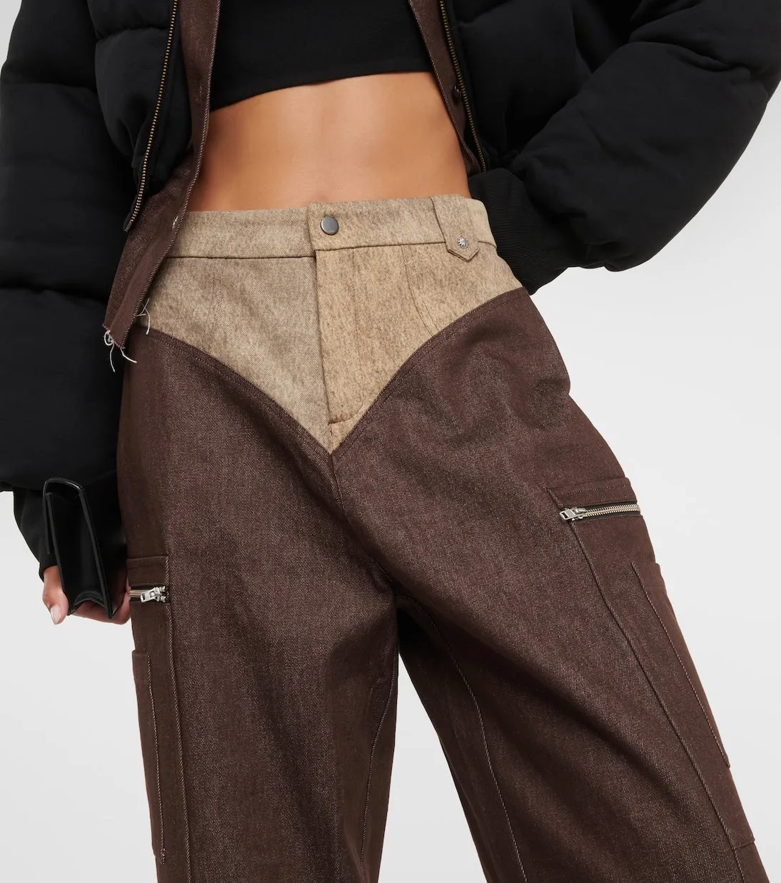 Didu High Waist Wide Leg Cotton Cargo Pants, Brown