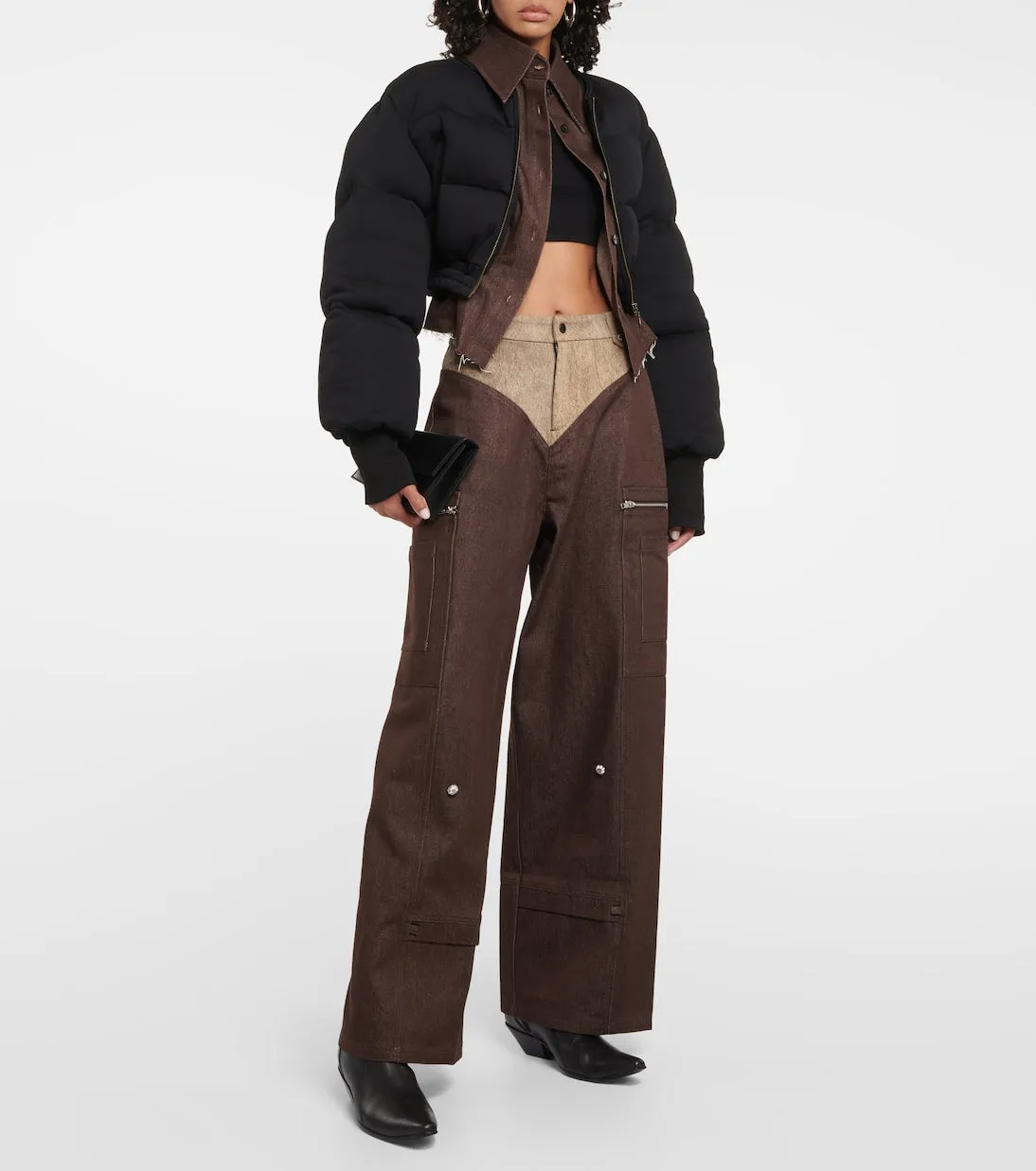 Didu High Waist Wide Leg Cotton Cargo Pants, Brown