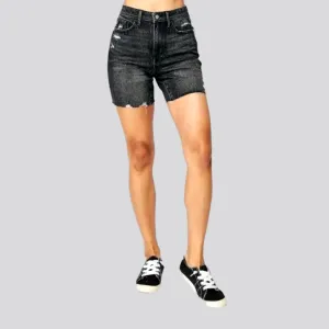 Distressed whiskered denim shorts for ladies