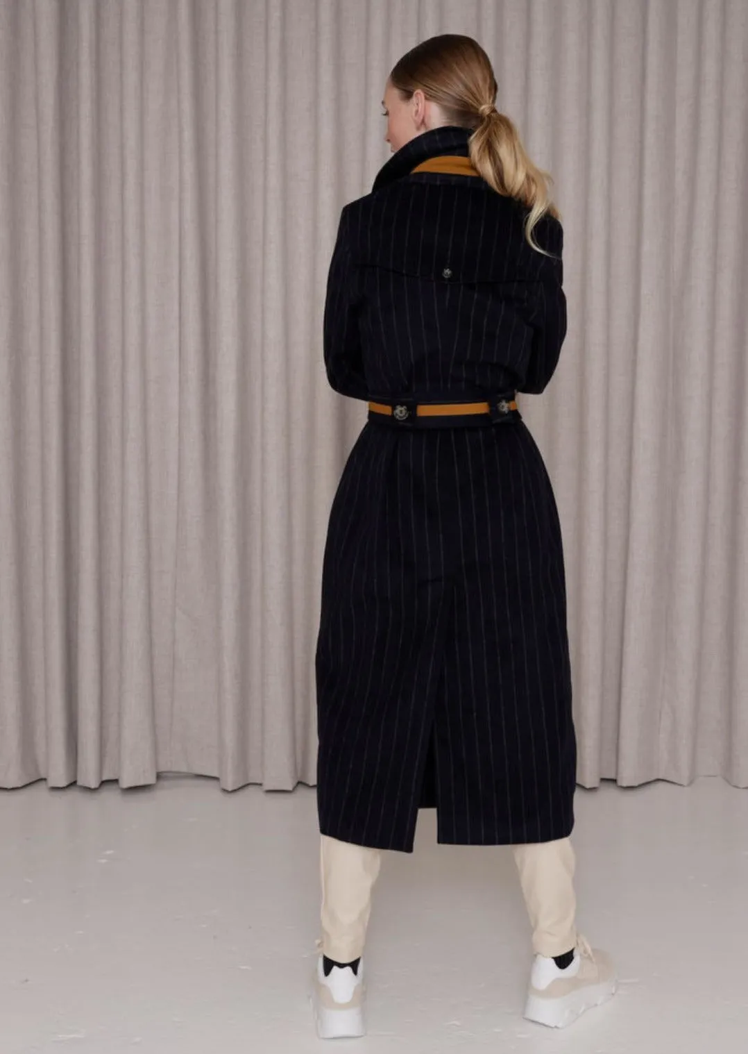 Double-Breasted  Waterproof  Woollen Trench- Striped Navy