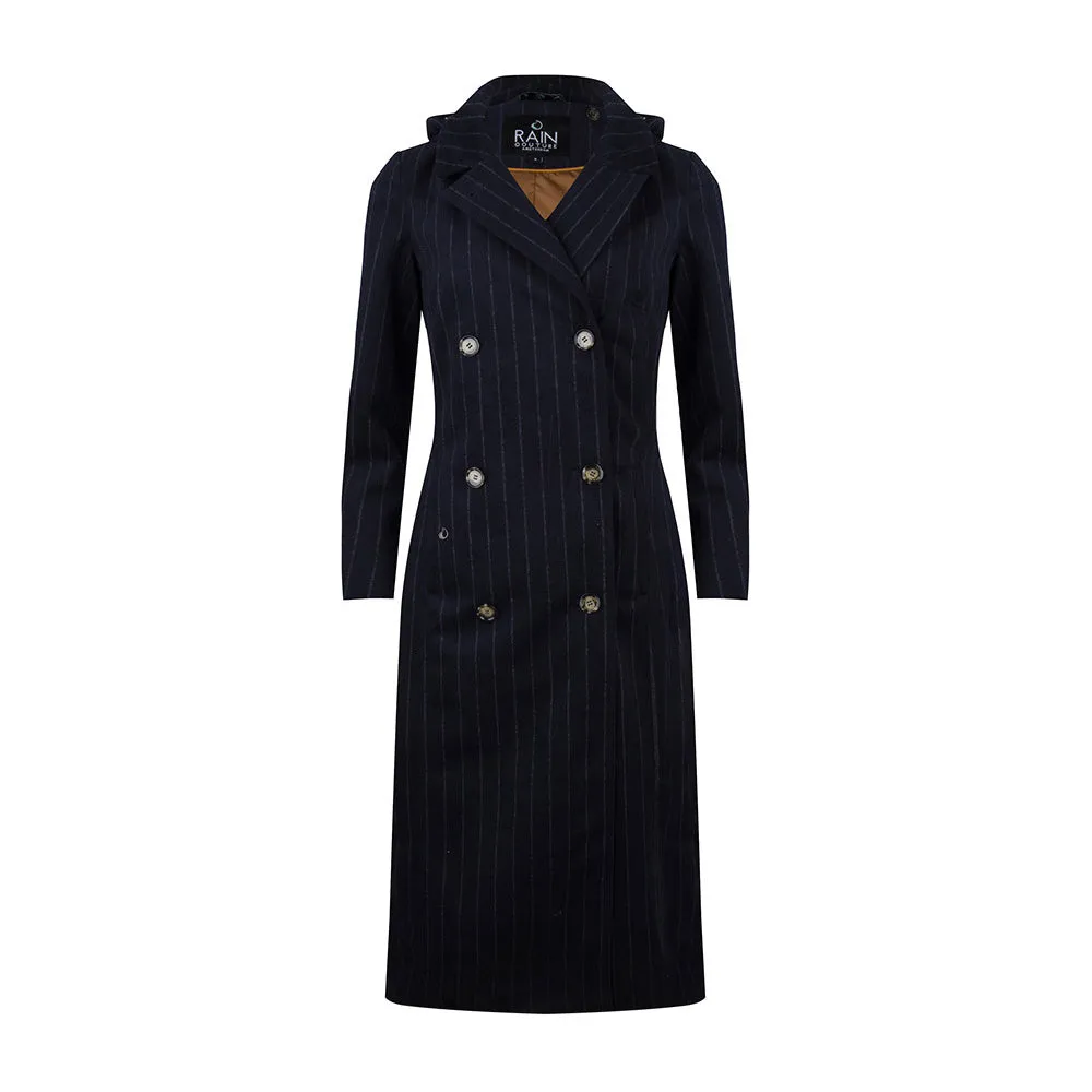 Double-Breasted  Waterproof  Woollen Trench- Striped Navy