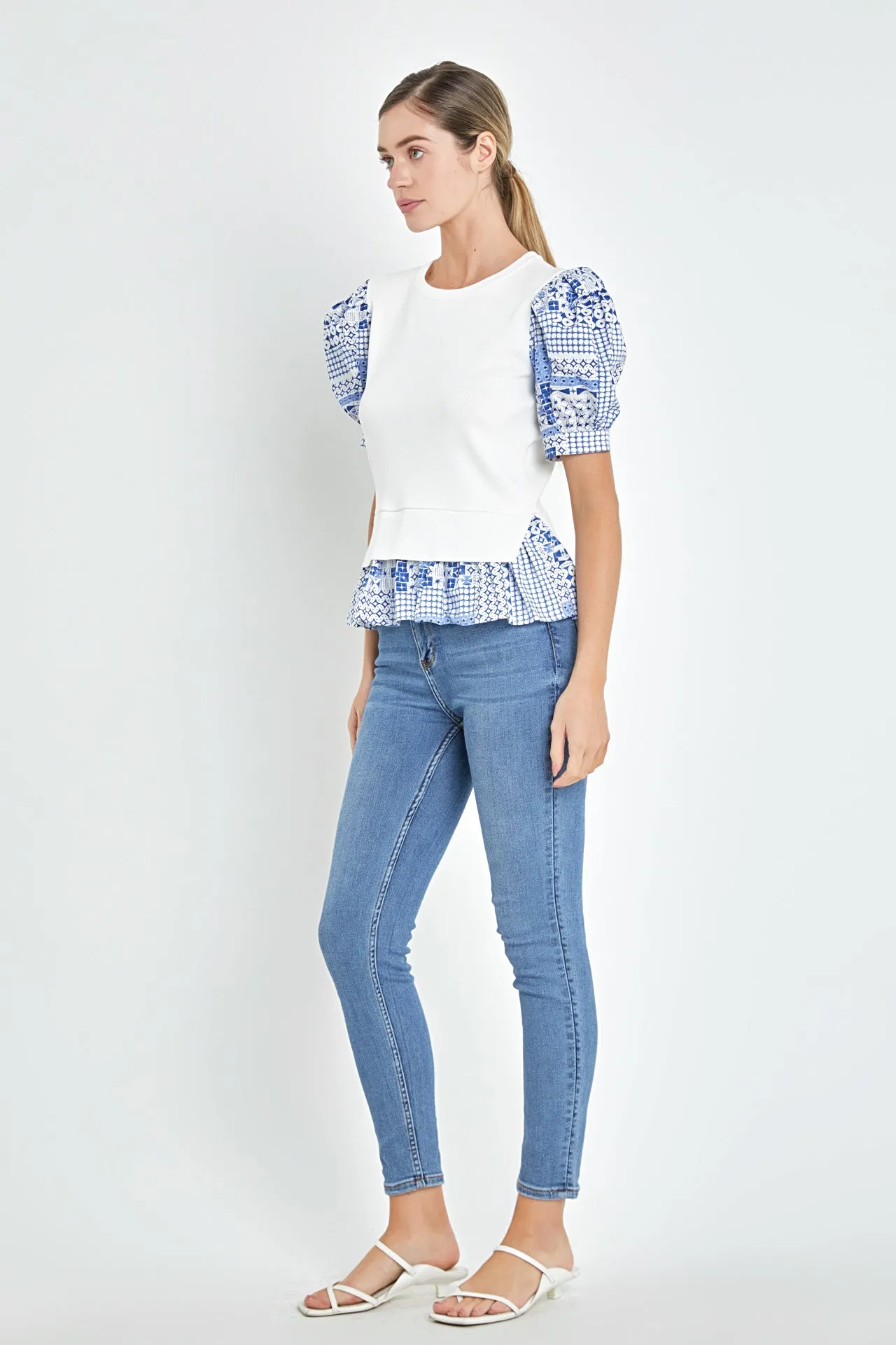 English Factory - Mixed Media Floral Sleeve Knit Top