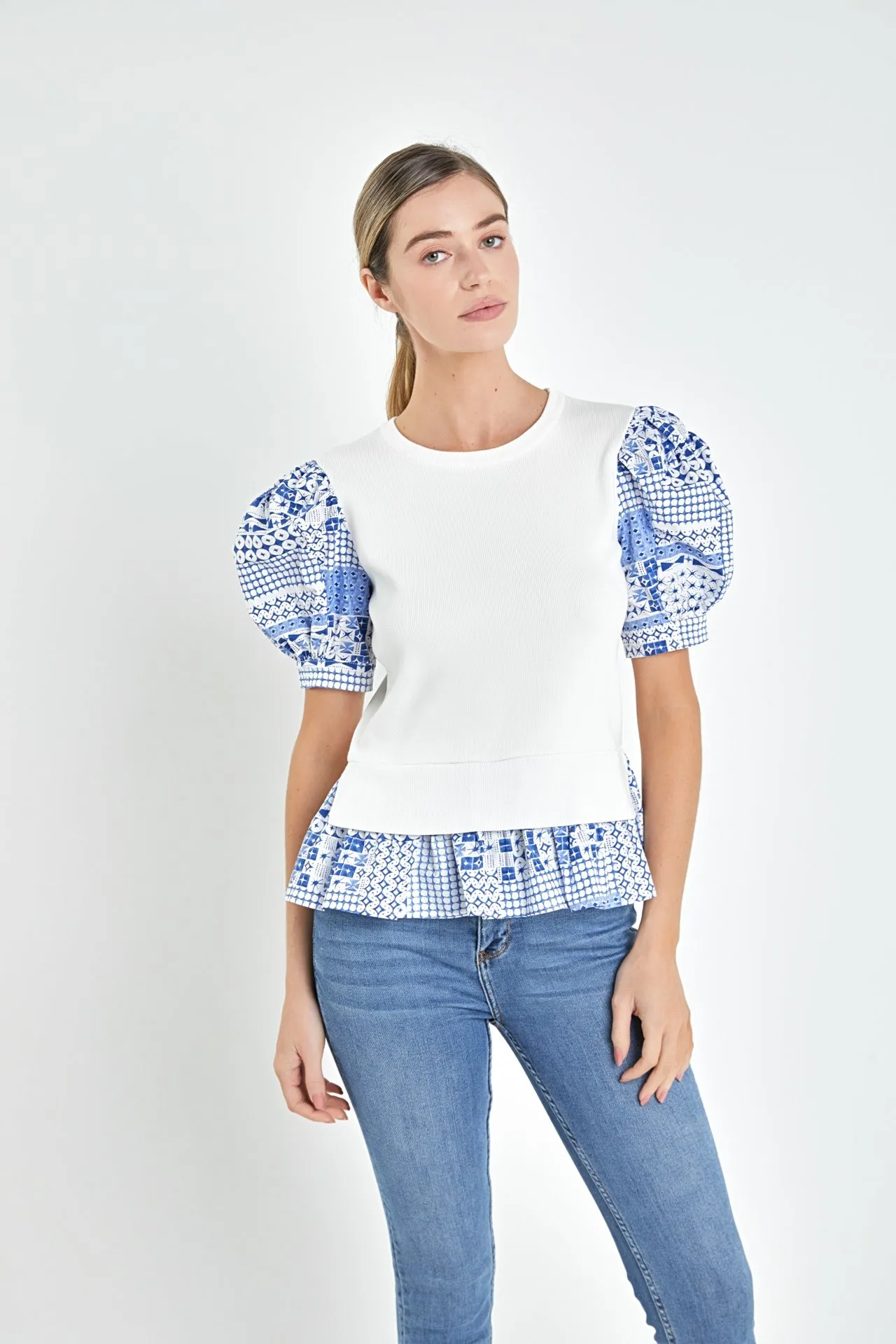 English Factory - Mixed Media Floral Sleeve Knit Top