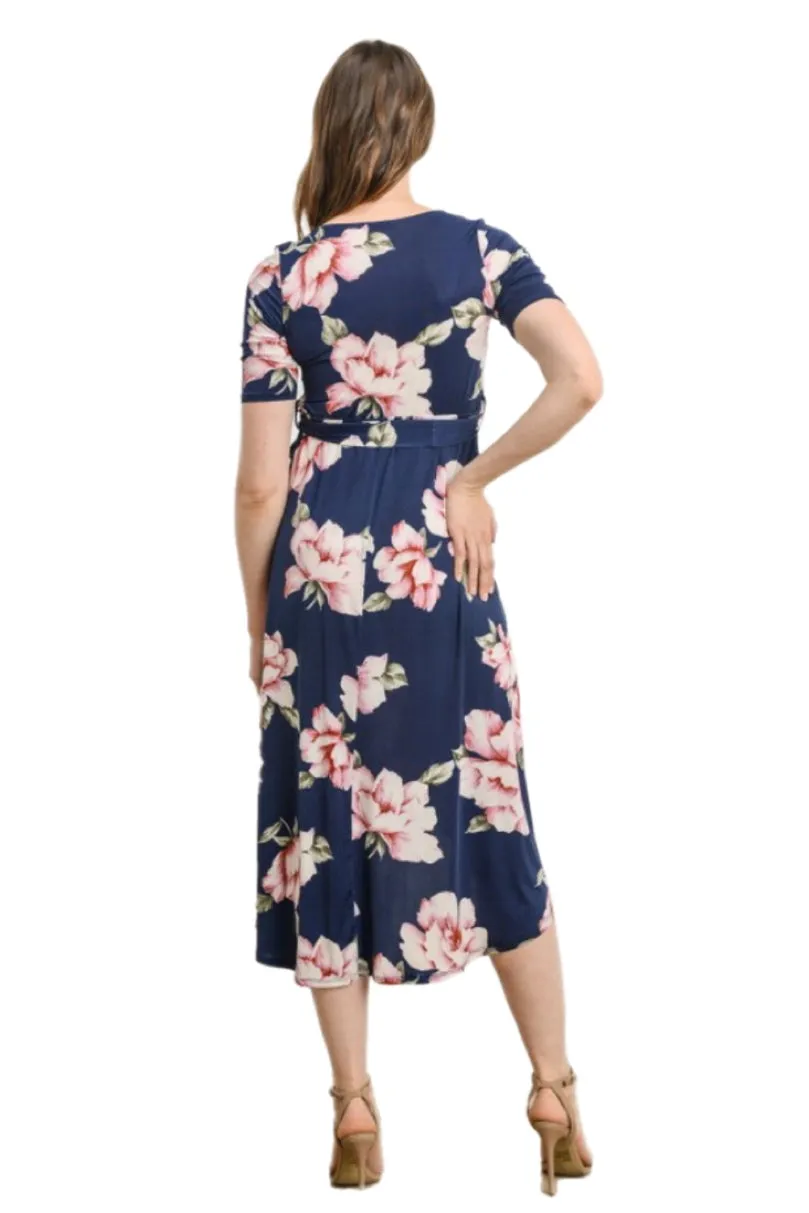 Floral Wrap Maternity Nursing Dress Style 1623 in Navy