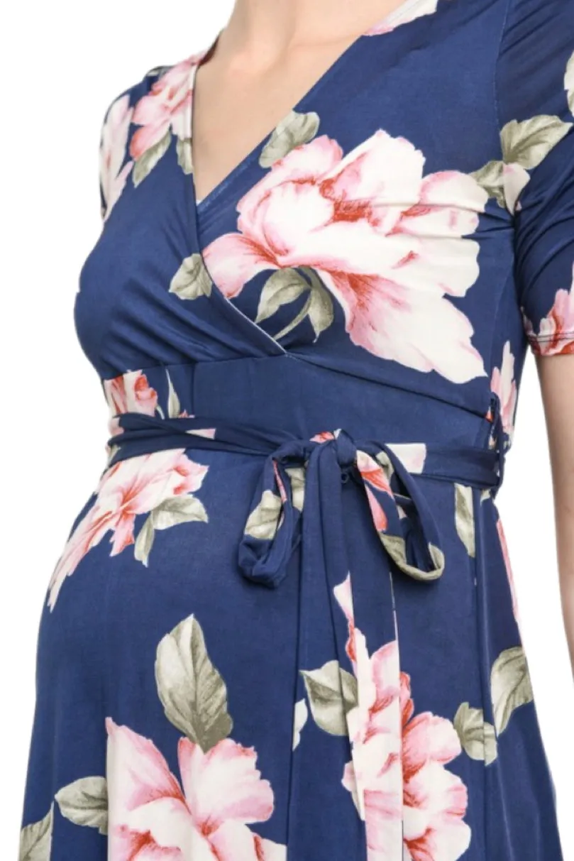 Floral Wrap Maternity Nursing Dress Style 1623 in Navy