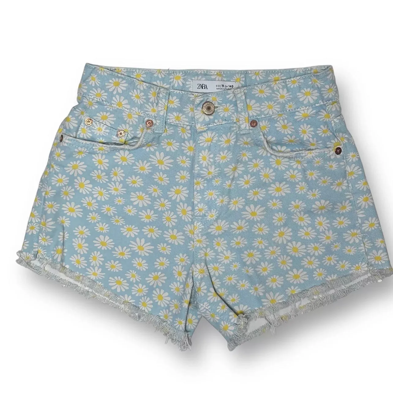 Girls Zara Size 10 (140) Light Blue Denim Daisy Print Jean Shorts