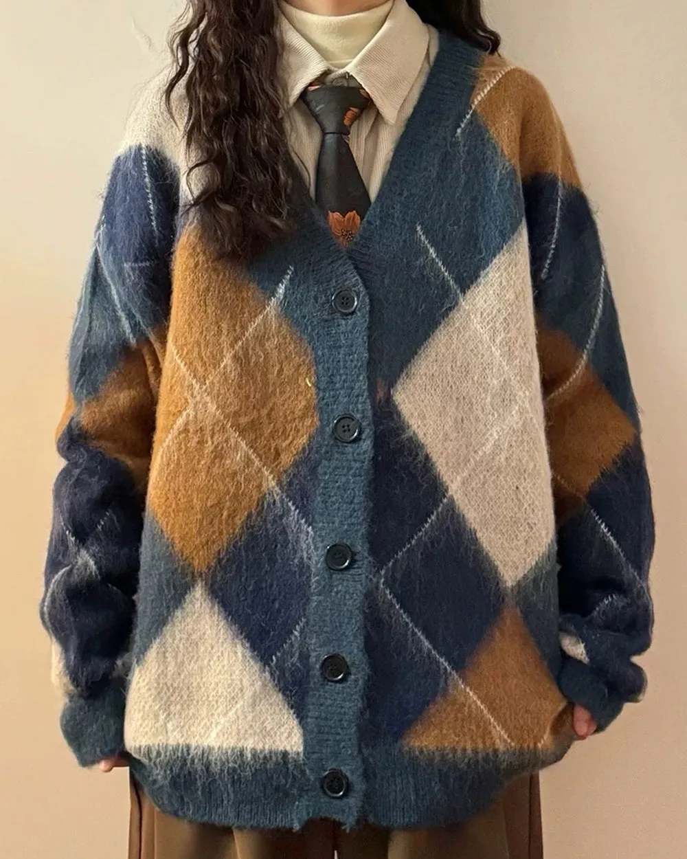 High School Loose Fit Argyle Cardigan