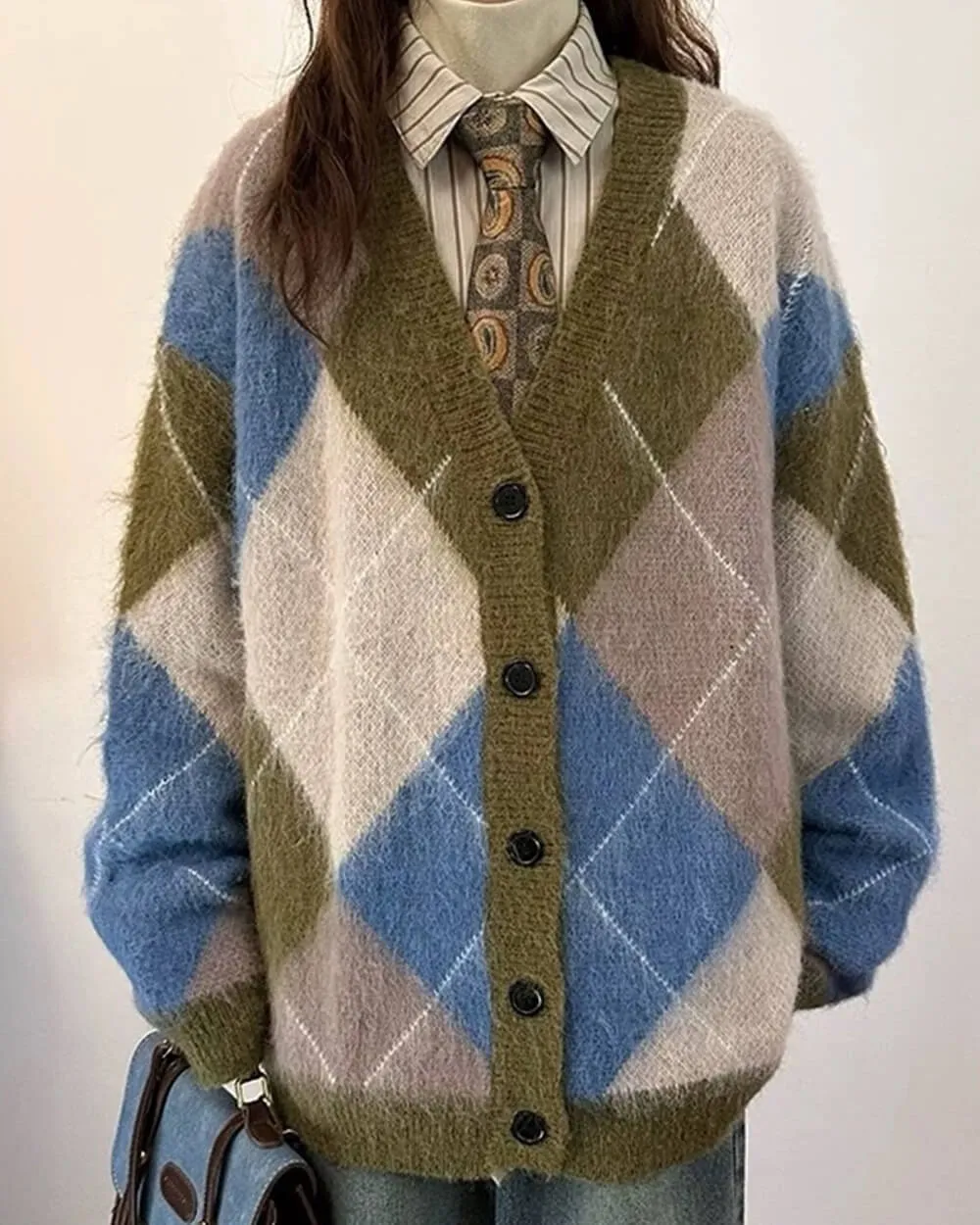 High School Loose Fit Argyle Cardigan